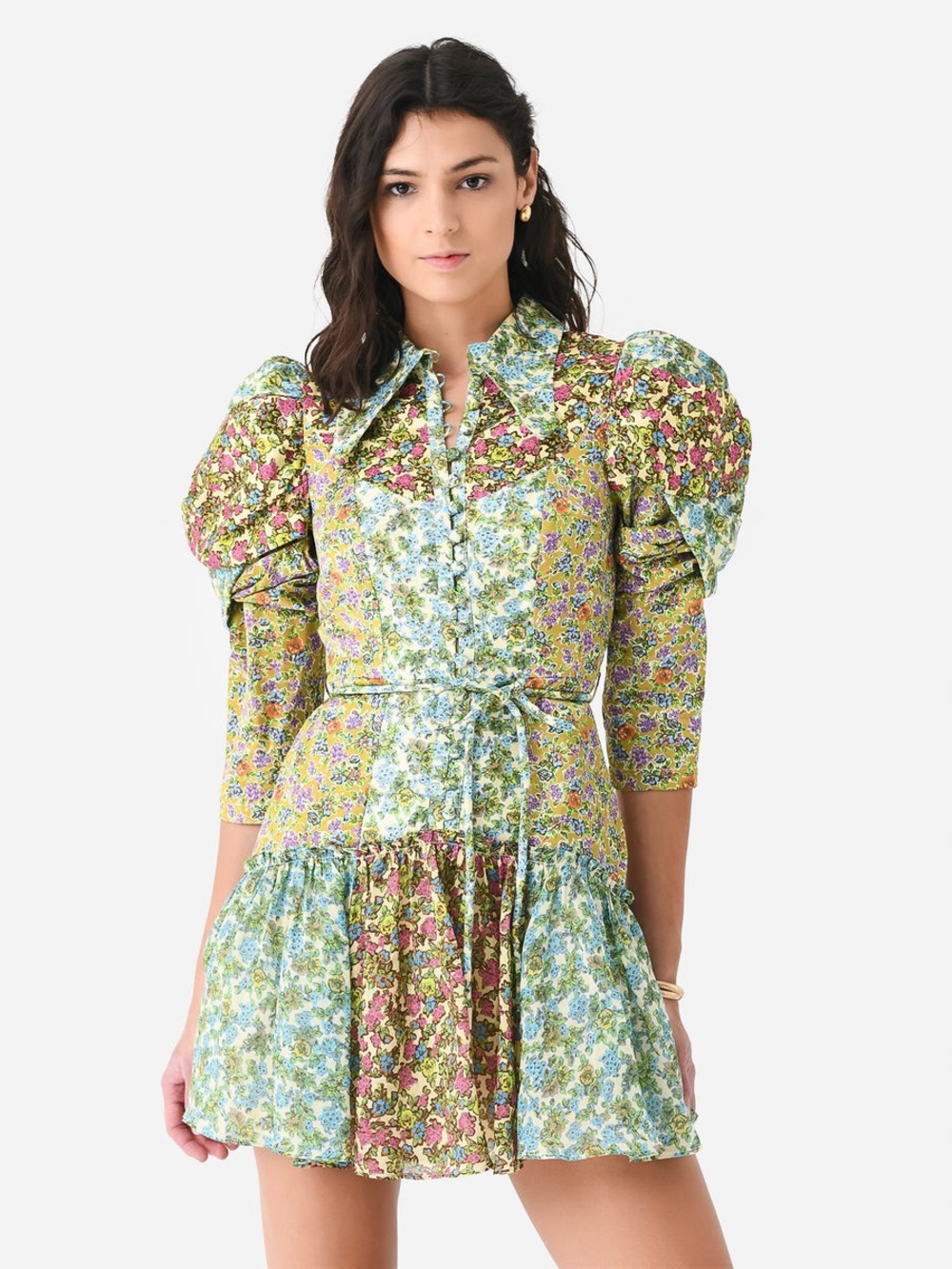 ALEMAIS Mixed Floral Puff-Sleeve Mini Dress in Yellow & Blue